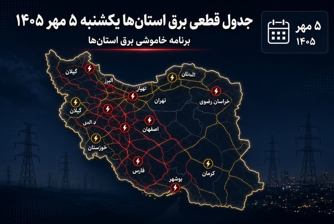 برنامه قطعی برق استان‌ها برای یکشنبه ۵ مهر ۱۴۰۵؛ زمان خاموشی مناطق را از «برق من» و سامانه‌های رسمی استعلام کنید